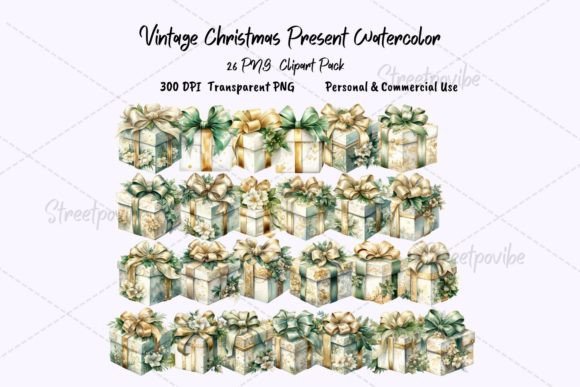 Christmas Gift Box Watercolor Clipart PN