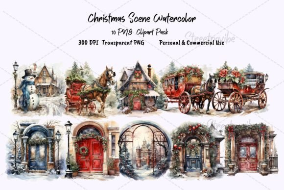 Christmas Scene Watercolor Clipart PNGs