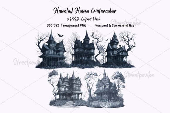 Haunted House Watercolor Clipart PNG Art