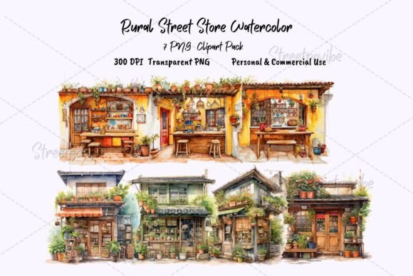 Rural Street Shop Watercolor Clipart PNG: A Versatile Digital Asset for Creative Projects
