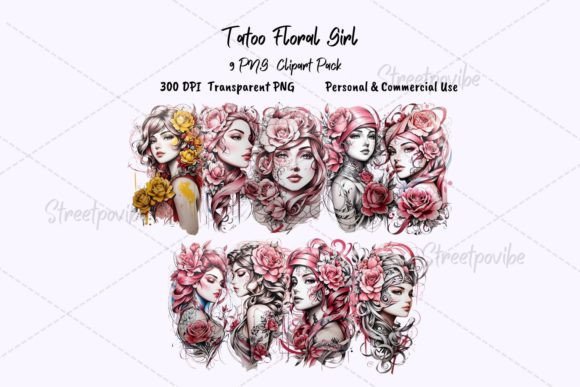 Tattoo Lady Watercolor Clipart PNG Pack