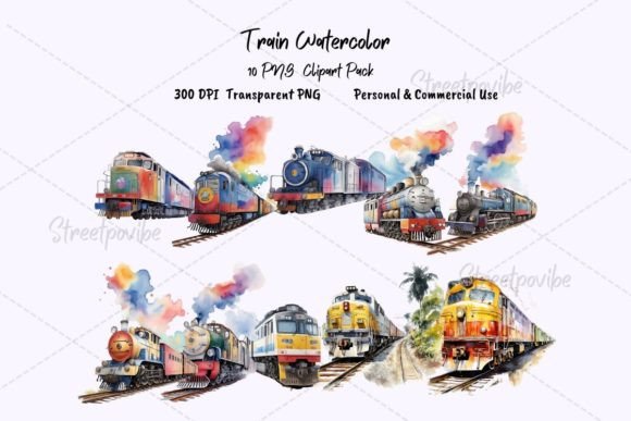 Train Watercolor Clipart PNG PackDigital