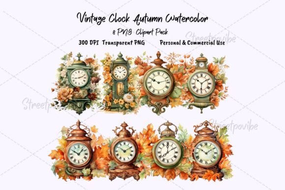 Vintage Autumn Clock Watercolor Clipart for Creative and Commercial Use
