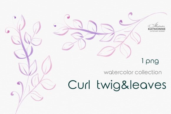 Watercolor Curl Twig with Leaves, Png