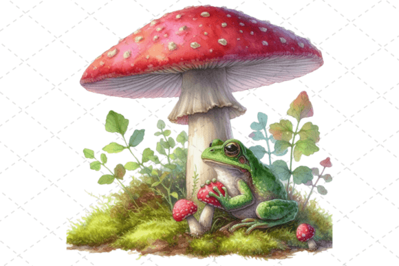 Watercolor Frog Under a Mushroom Clipart