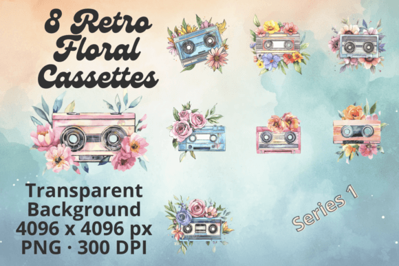 Watercolor Retro Cassette Floral Set 1: A Nostalgic Fusion of Music and Botanicals