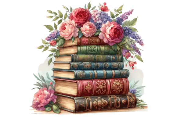 Watercolor Vintage Books with Flowers