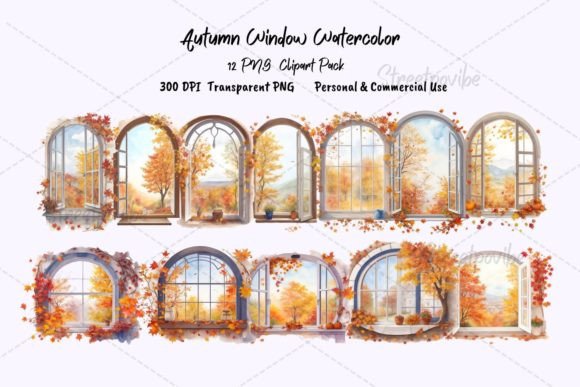 Window Autumn Watercolor Clipart PNG Pac: A Versatile Design Resource