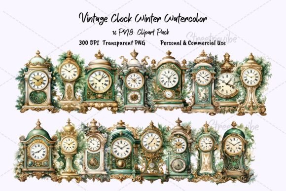 Winter Household Green Clock Watercolor: A Versatile Design for Modern Creatives